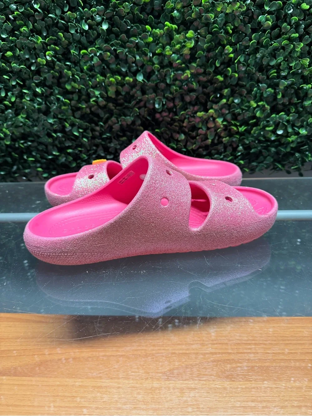 CROCS Kids Glitter Pink Slide Sandals with Sun Charm